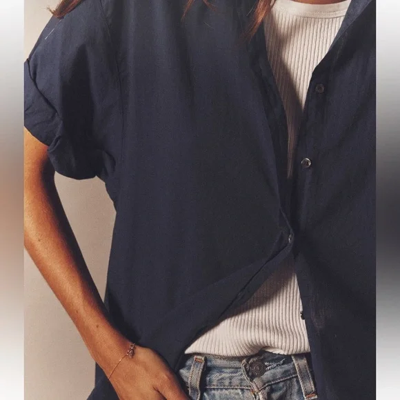 XIRENA cotton channing shirt in navy short sleeve XL - Picture 2 of 12